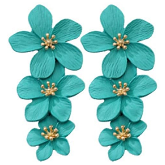 Big Aqua Blue Turquoise Triple Flower Blossom Earrings 3D Large Floral 3 Flowers - Picture 5 of 7